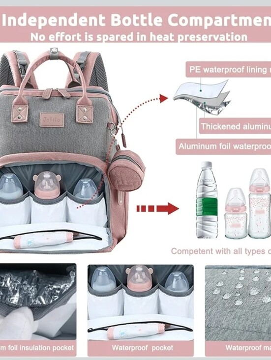 JOLLITO Quilted Baby Diaper Bag Backpack with Changing Station Pink main image 4